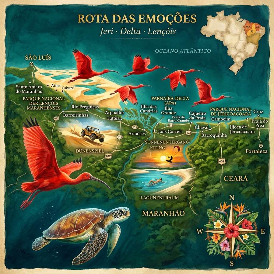 Illustrierte Karte der Rota das Emoções mit Lençóis Maranhenses, Delta do Parnaíba und Jericoacoara